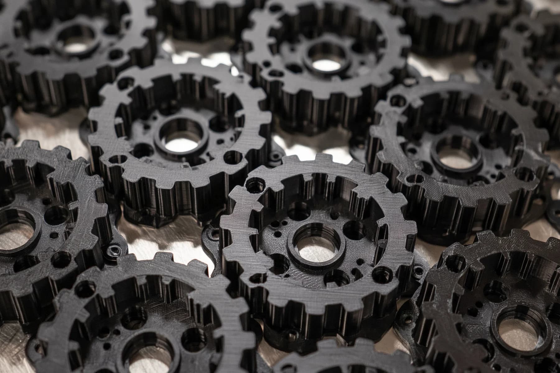 Batch of black FDM 3D printed gears