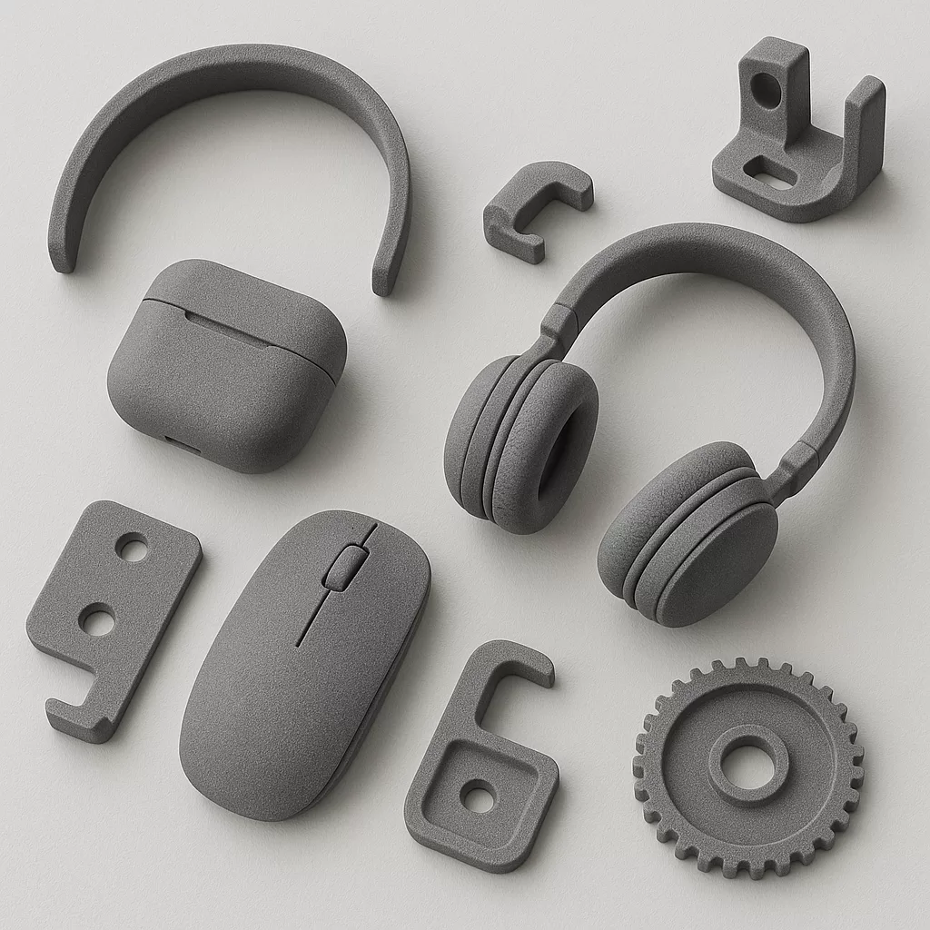 3D printed consumer product components including headphones, mouse, charging case, and custom brackets—created for rapid prototyping and functional testing.