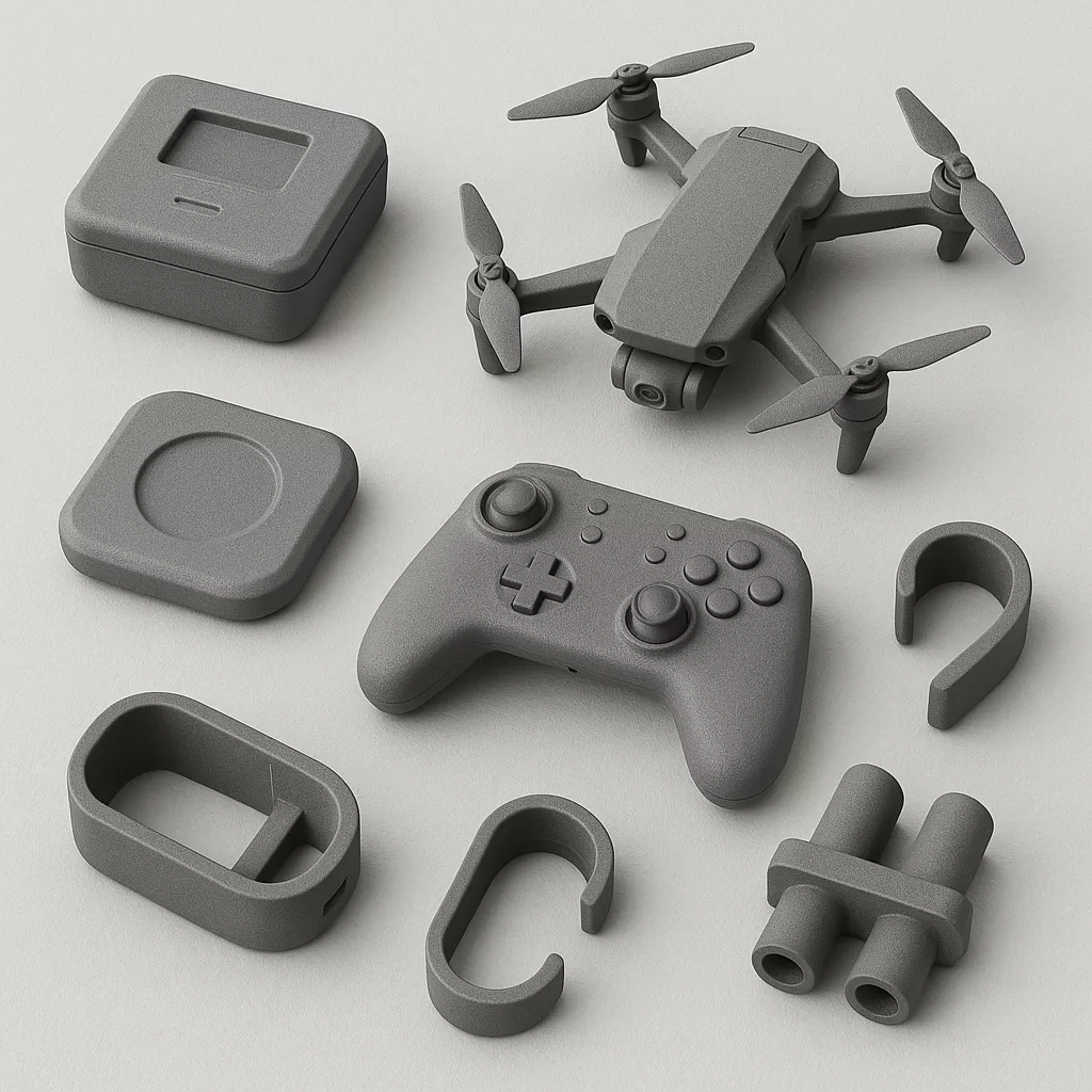 3D printed prototypes of tech accessories and drone components, including a quadcopter frame, controller, housings, and clips—produced for functional testing and rapid iteration.