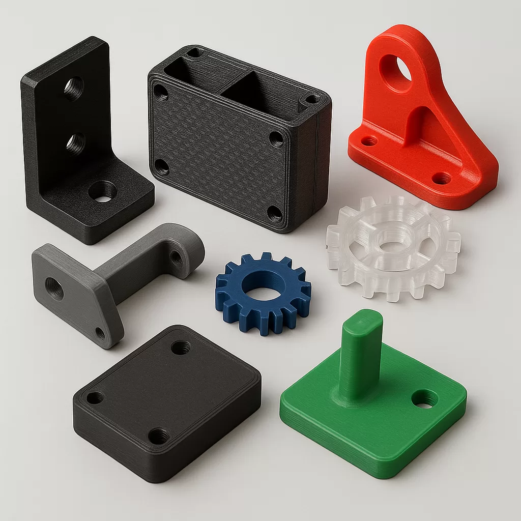 FDM 3D printed parts made from PLA and PETG, including brackets, gears, and enclosures in various finishes—matte black, carbon-fiber textured, translucent PETG, and solid-colored PLA in red, blue, green, and gray—arranged on a neutral background.