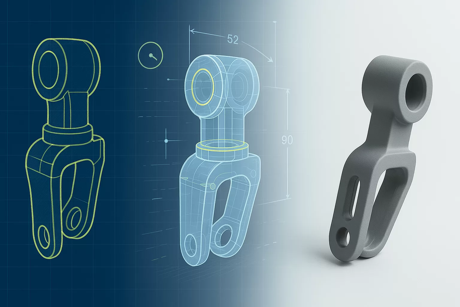 Robotic arm joint displayed in blueprint, CAD, and final 3D-printed form. Left shows technical line drawing in yellow, center shows a CAD rendering with annotations, and right features the final matte grey printed part. Represents Upsurge’s end-to-end product design process.