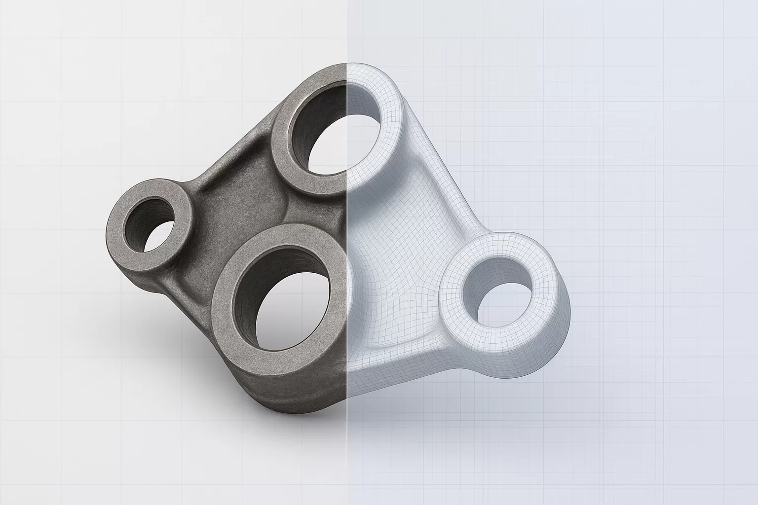 “Mechanical part shown side-by-side with its 3D-scanned mesh model, illustrating Upsurge’s scanning and digitization services.”