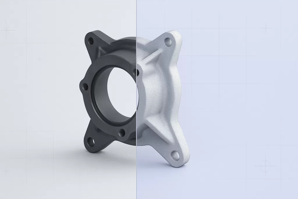 Mechanical part transitioning into a digital 3D scan, shown in split view with mesh overlay, representing Upsurge’s high-precision scanning services.