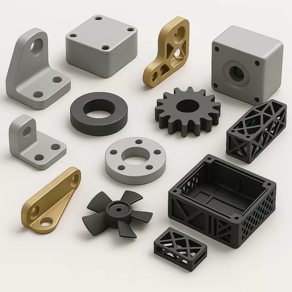 3D printed industrial parts made from PA12 nylon, including brackets, enclosures, gears, and custom components in raw, black dyed, and metallic Cerakote finishes—arranged for production showcase