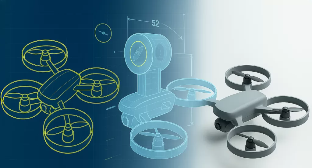 esign evolution of a quadcopter drone shown in three stages: wireframe concept sketch in yellow lines, transparent CAD model with dimensional overlays, and final matte grey 3D-printed drone. Visual progression illustrates Upsurge’s additive manufacturing workflow.