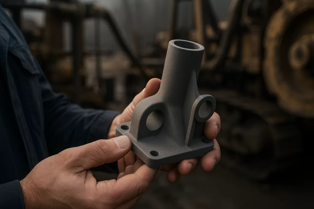 Engineer’s hands holding a custom industrial 3D-printed PA12 part in matte gray with sandy texture, with oil and mining machinery blurred in the background.