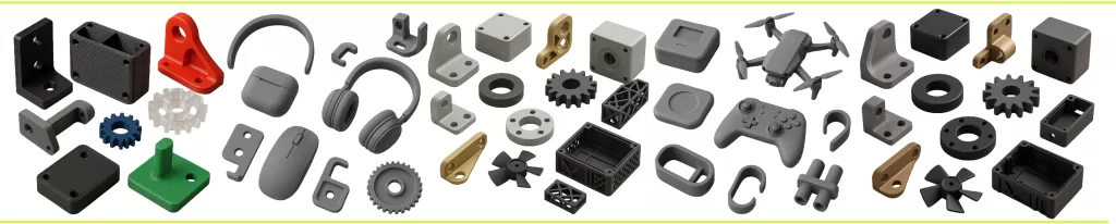 Several 3d printed parts different technologies and materials showcased fdm and mjf.