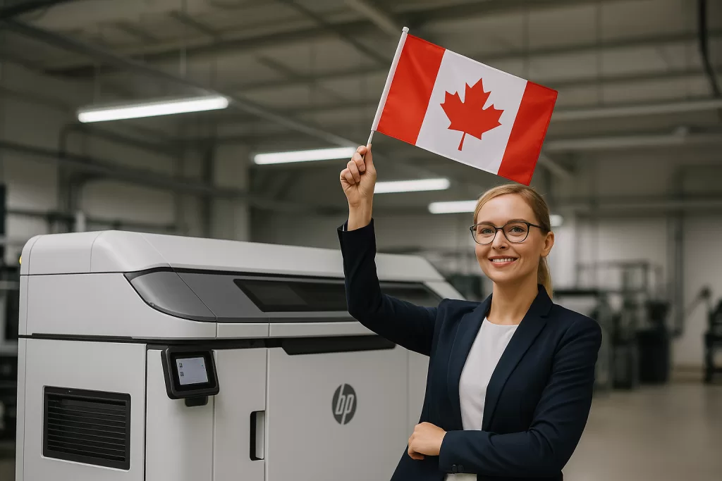Female engineer operating an HP Multi Jet Fusion 5200 3D printer in a modern North Vancouver manufacturing facility, symbolizing advanced additive manufacturing and innovation in Western Canada.